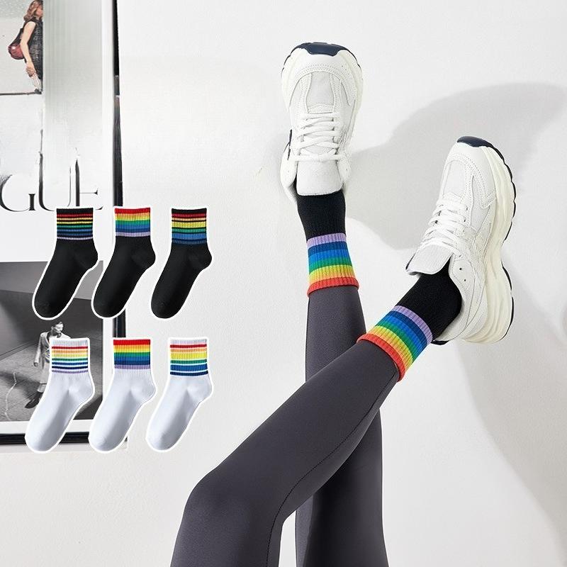 Calzini Arcobaleno, Calzini da Donna a Mezza Gamba con Pantaloni a Squalo, Calzini Lunghi da Polpaccio per Primavera e Autunno, Calzini a Strisce alla Moda e Versatili