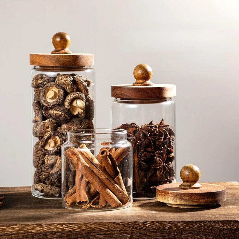 Glass Sealed Jar Spice Grains Large Dust-proof Storage Acacia Wood Cover Food Coffee Moisture-proof Storage