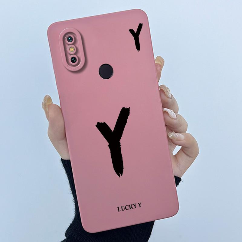 Lucky Initial Letter Phone Case For Xiaomi Mi A2 (Mi 6X) Casing Full Protect Camera Lens Shockproof TPU Soft Matte Cover Bumper
