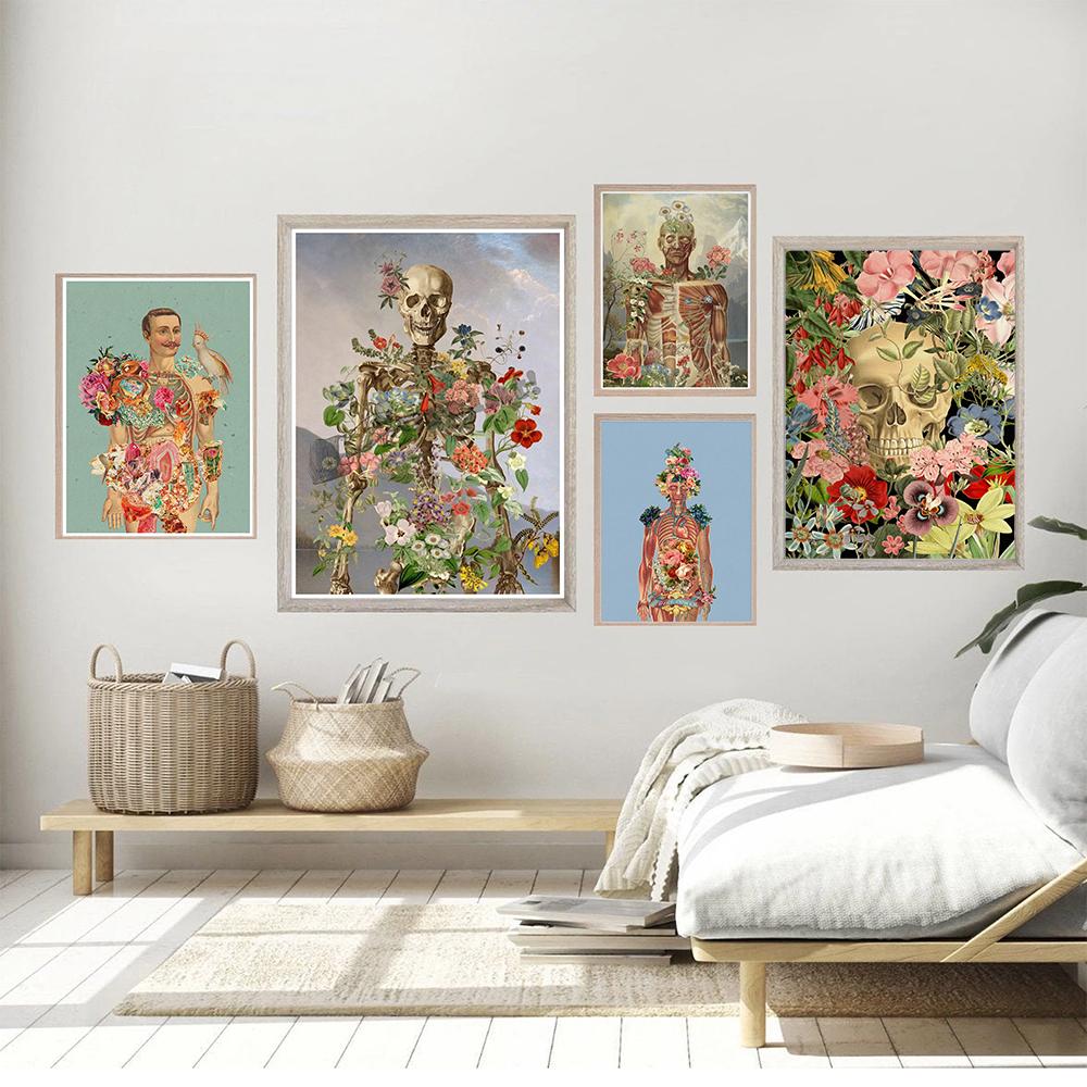 Gift Flowers Skull Print Poster Anatomical Medical Art Illustration Body Abstract Skeleton Canvas Painting Doctor Office Decor