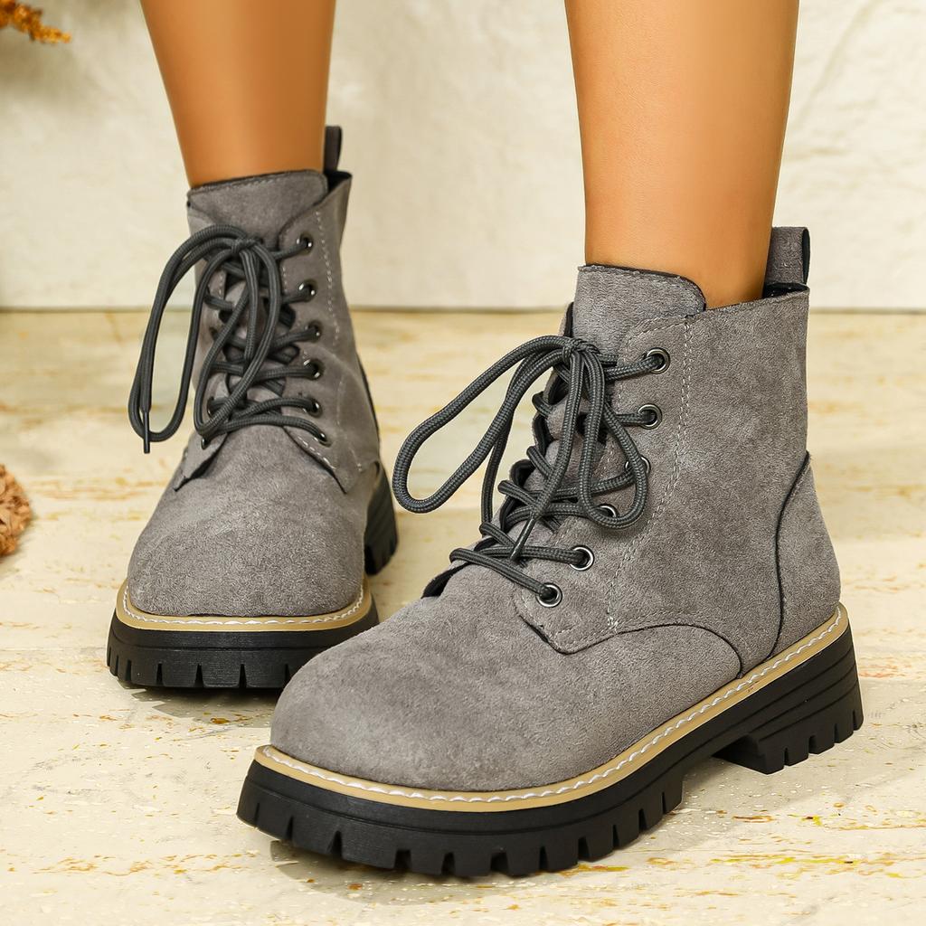 British Style Thick Bottom Ankle Boots Women Winter Faux Suede Platform Boots Woman Plus Size 43 Lace Up Motorcycle Shoes