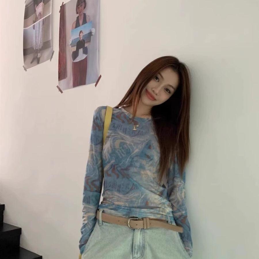 Vintage Batikmuster Dünnes Netz-T-Shirt Damen Frühling-Sommer Designte Nische Sonnenschutz Überwurf Einzigartiges Schickes Oberteil