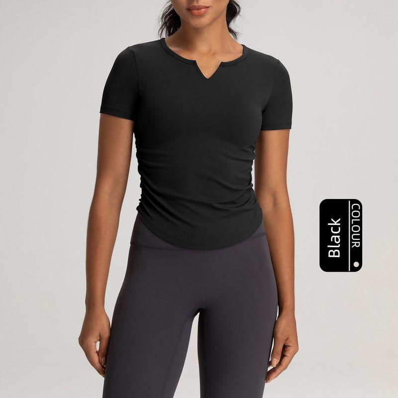 

Lu Same Sports T-Shirt Women 2025 New Arrival with Chest Pad Silm V Neck Ruched Workout Top Exercise Yoga Clothes Black L