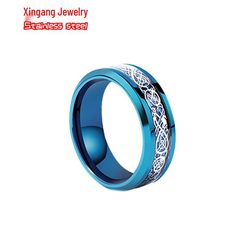 European & American Style Men's Titanium Stainless Steel Dragon Ring with Diamond Pattern