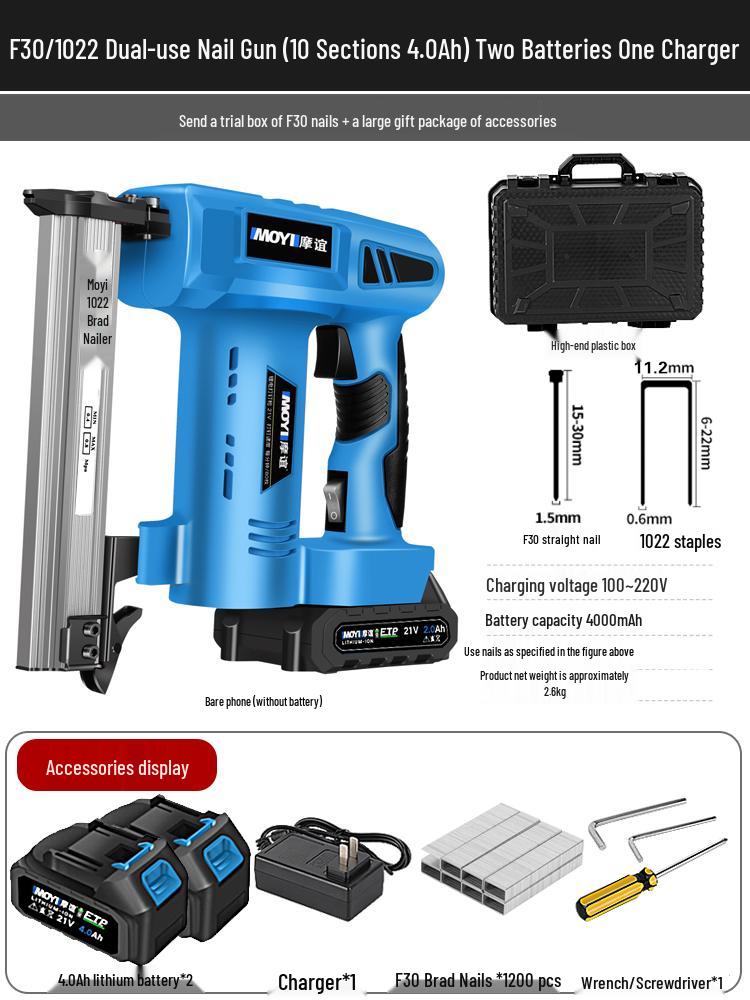 Rechargeable Electric Nail Gun, F30 Brad Nailer & Stapler, with Lithium Battery for Woodworking.