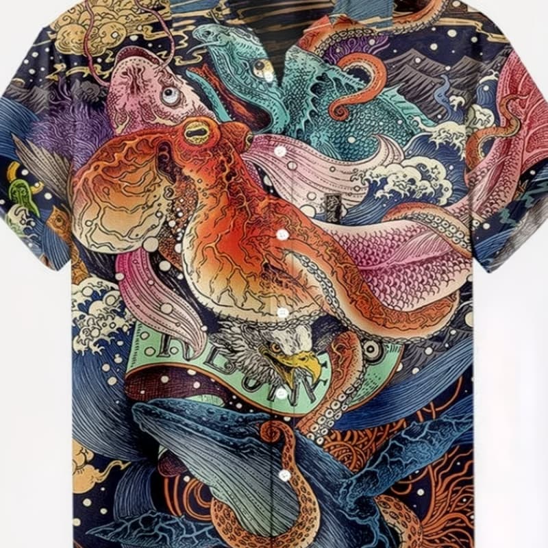 

Men s printed short sleeve button-down shirt with 3D heat transfer pattern, casual beach vacation street style XXL