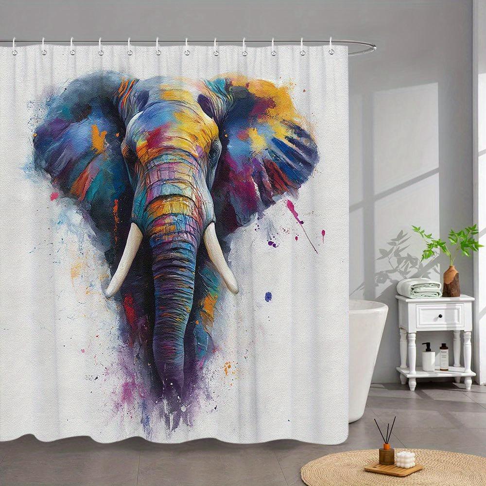 1 szt. Żywa zasłona prysznicowa ze słoniem - Kolorowy abstrakcyjny wzór w kolorach niebieskim, fioletowym, żółtym, czerwonym - Artystyczny poliester z 12 haczykami,