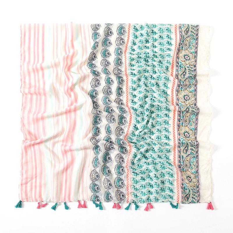Spring and Autumn New Bali Yarn Tassel Retro Printed Geometric Scarf Versatile Fashion Travel Sunscreen Shawl Silk Scarf Women