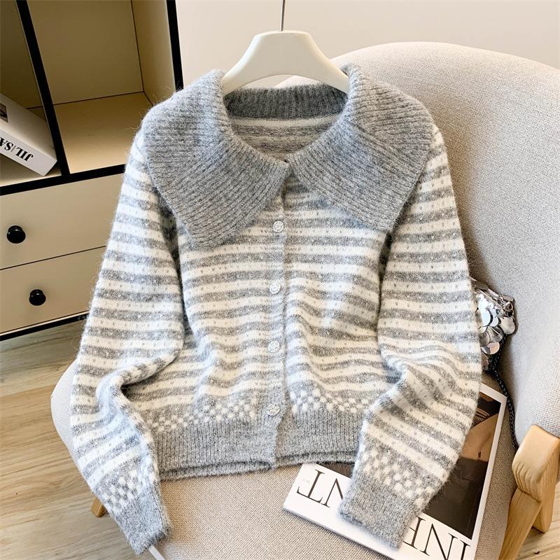 Women's Coat Lapel Striped Knitted Cardigan New Retro Versatile Top Soft Waxy Sweater Women
