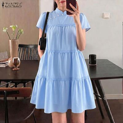 Rochie elegantă casual pentru femei, cu guler înalt, culoare uni, largă, cu mânecă scurtă