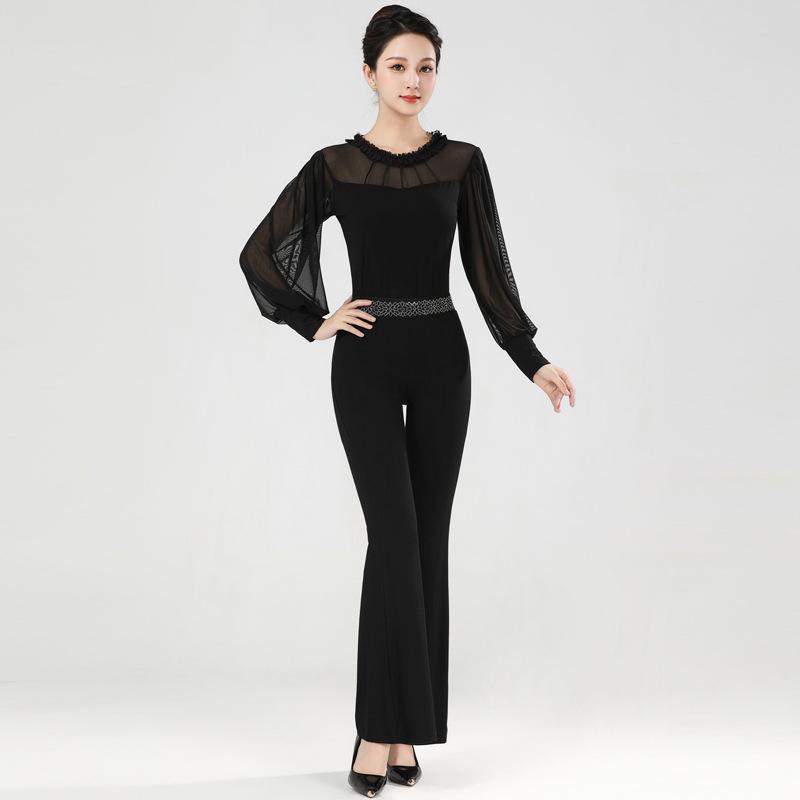 

Женская одежда для танцев Латинский костюм Бальные вечерние платья Костюм Длинные рукава Топ для line dance + Брюки Вальс Костюм Saba S чёрный