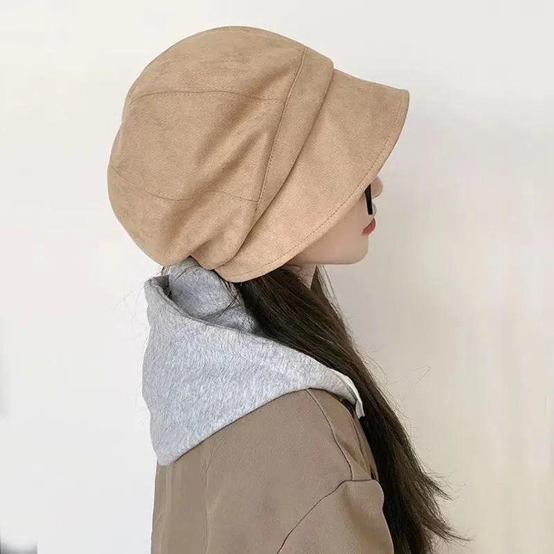 

Шляпа женская осенне-зимняя замшевая черная теплая шапка берет шляпа-стог большой обхват головы восьмиугольная шляпа-ведро