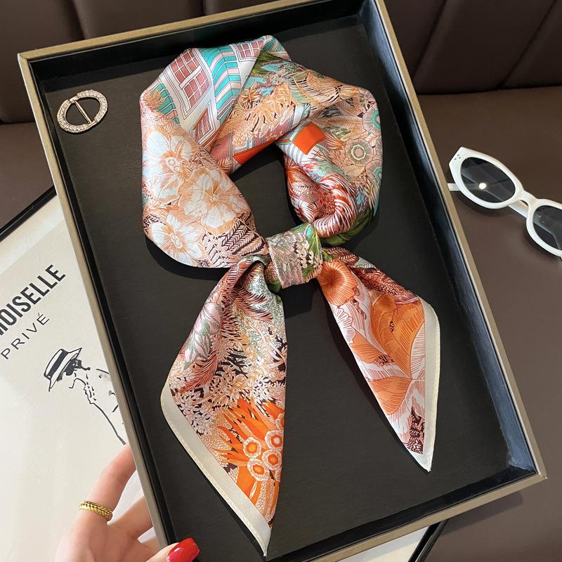 Blue Cherry Blossom Chessboard Mulberry Silk Scarf Female Simulation Silk Scarf Decorative Scarf Mom Shawl 70Cm Square Scarf