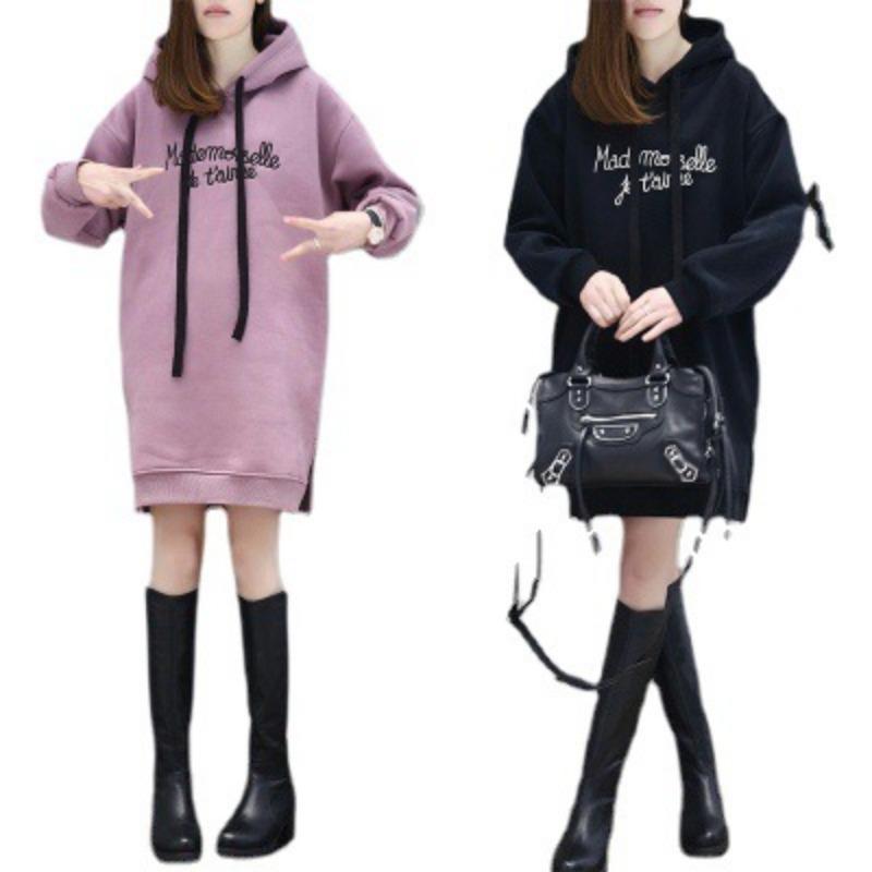Updated Autumn and Winter Relaxed Fit Plush Sweatshirt for Women Pullover Mid-length Embroidered Letter Sweatshirt for Women