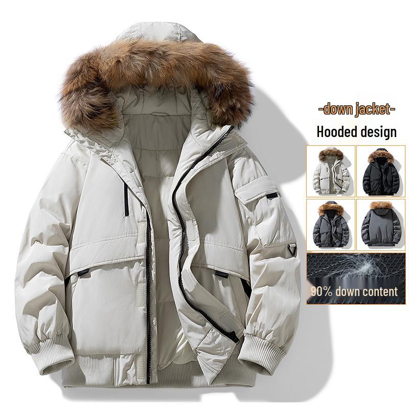 Men's Winter Mid-Length White Duck Down Parka with Large Fur Collar