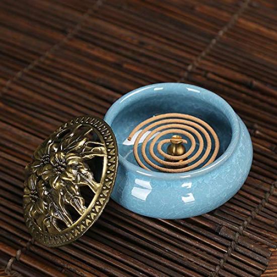 (pont du monde) Ceramic Incense Burner, Incense Stick Holder, Aromatherapy, Stylish, with Lid (Light Blue)