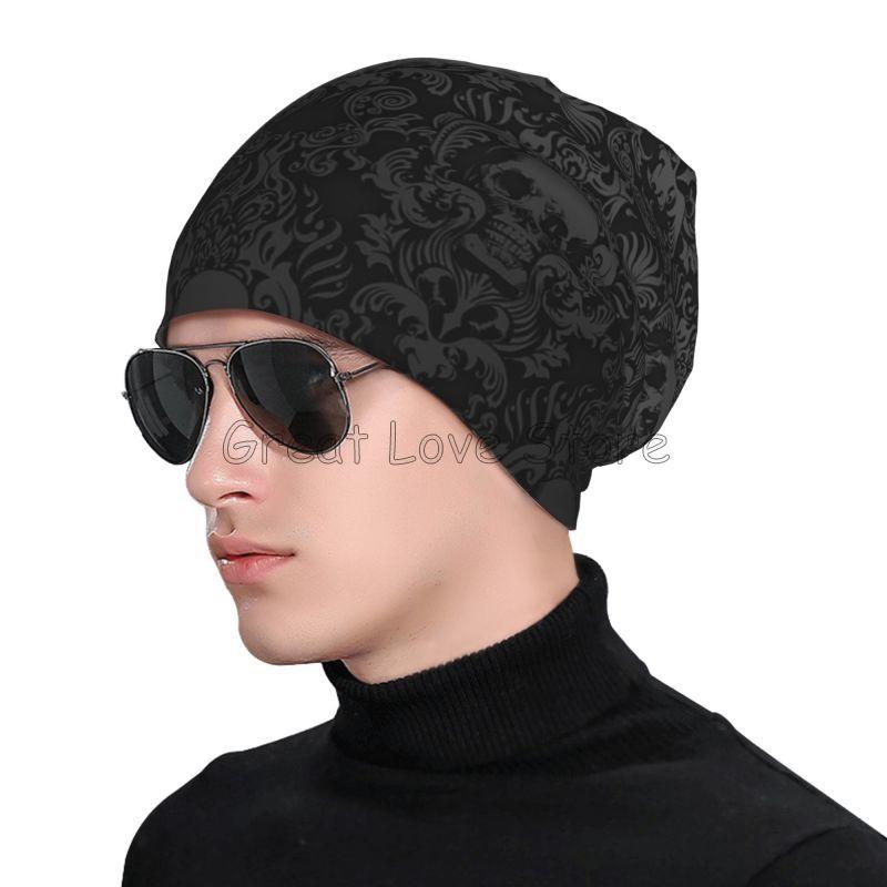 Gothic Black Skull Damask Pattern Beanie Hat Women Men Cycling Bonnet Cap Unisex Warm Knit Hats Headwear Skullies Beanies