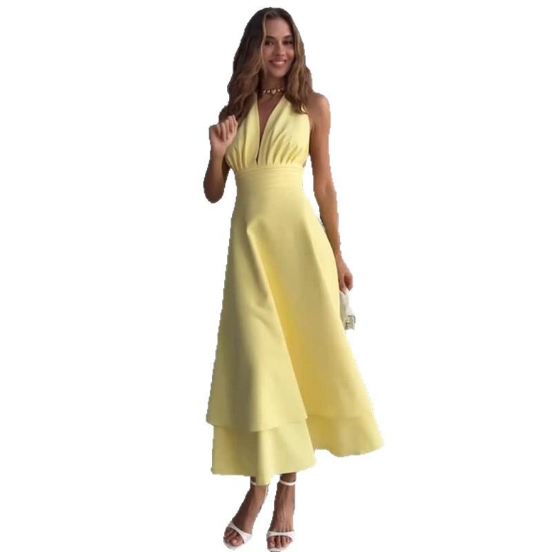 European and American women's clothing summer new temperament neck strap halter high waist yellow medium and long dress