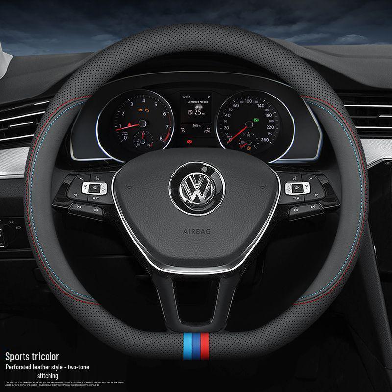 Volkswagen Steering Wheel Cover for Lavida, Bora, Sagitar, Magotan, Santana, Lamando, Tiguan L, Tayron - Four Seasons Genuine Leather.