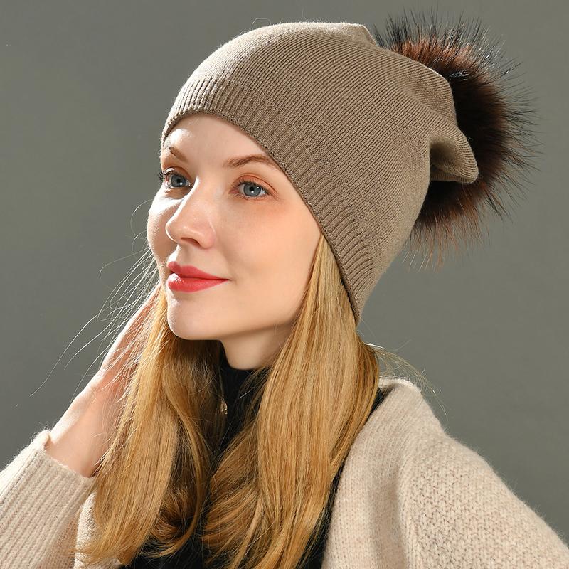 Real Raccoon Fur Pom Pom Knitted Hat Women Beanies Cashmere Winter Hat Female Girl Cotton Skullies Wool Beanie Hat