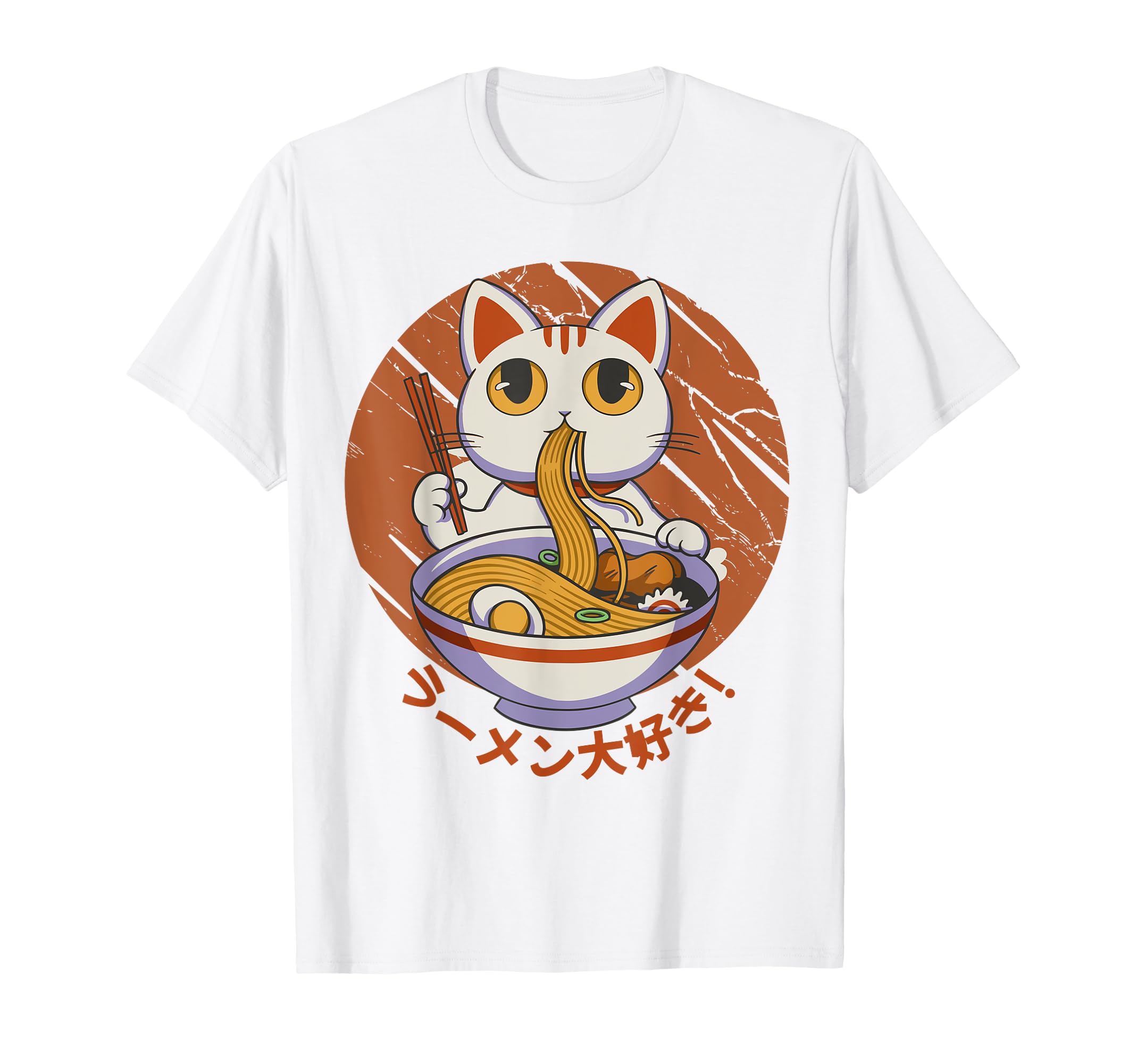 

Милый кот ест лапшу рамэн Забавная аниме-лапша Японская футболка белый