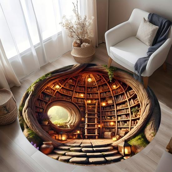 3D Visual Round Rug Living Room Floor Mat Decorative Anti-Slip Area Rug for Bedroom Dining Room Playroom Home Farmhouse Decor