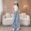 Womens High-Waisted Wide-Leg Denim Pants With Floral Print Loose Straight Cut Style