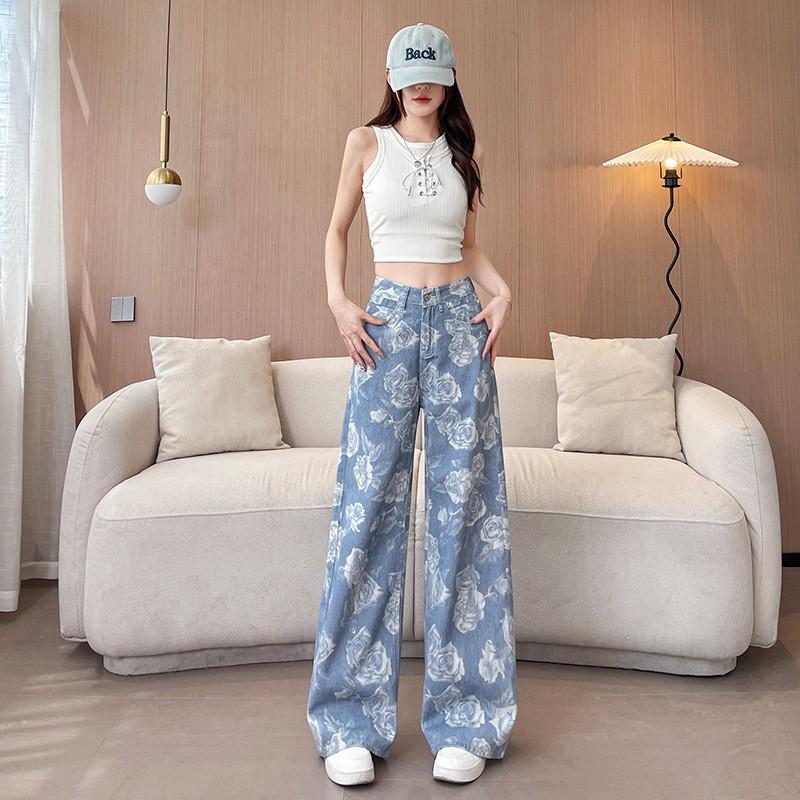 Womens High-Waisted Wide-Leg Denim Pants With Floral Print Loose Straight Cut Style