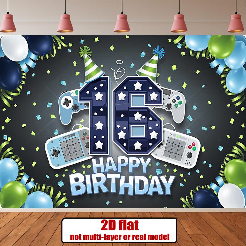1pc 16th Birthday Party Background Banner - Vibrant Game Controllers and Balloon Design, Polyester Fabric Banner