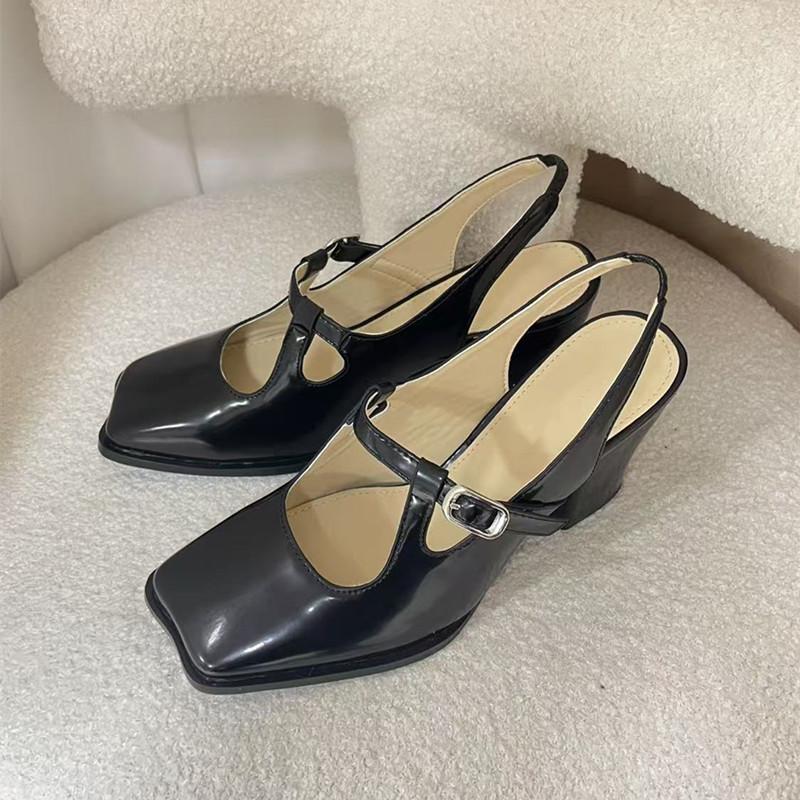 Fashion Fashion Black Patent Leather Mary Janes Slingbacks Women Pumps Spring Summer Wave Toe Chunky High heels Office Lady Daily Shoes