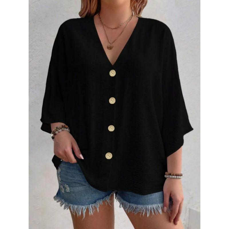 

Plus Size Fashion Women s Tops Loose V-Neck Long Sleeve T-Shirt Spring Summer Elegant Solid Color Casual Blouse M чорний