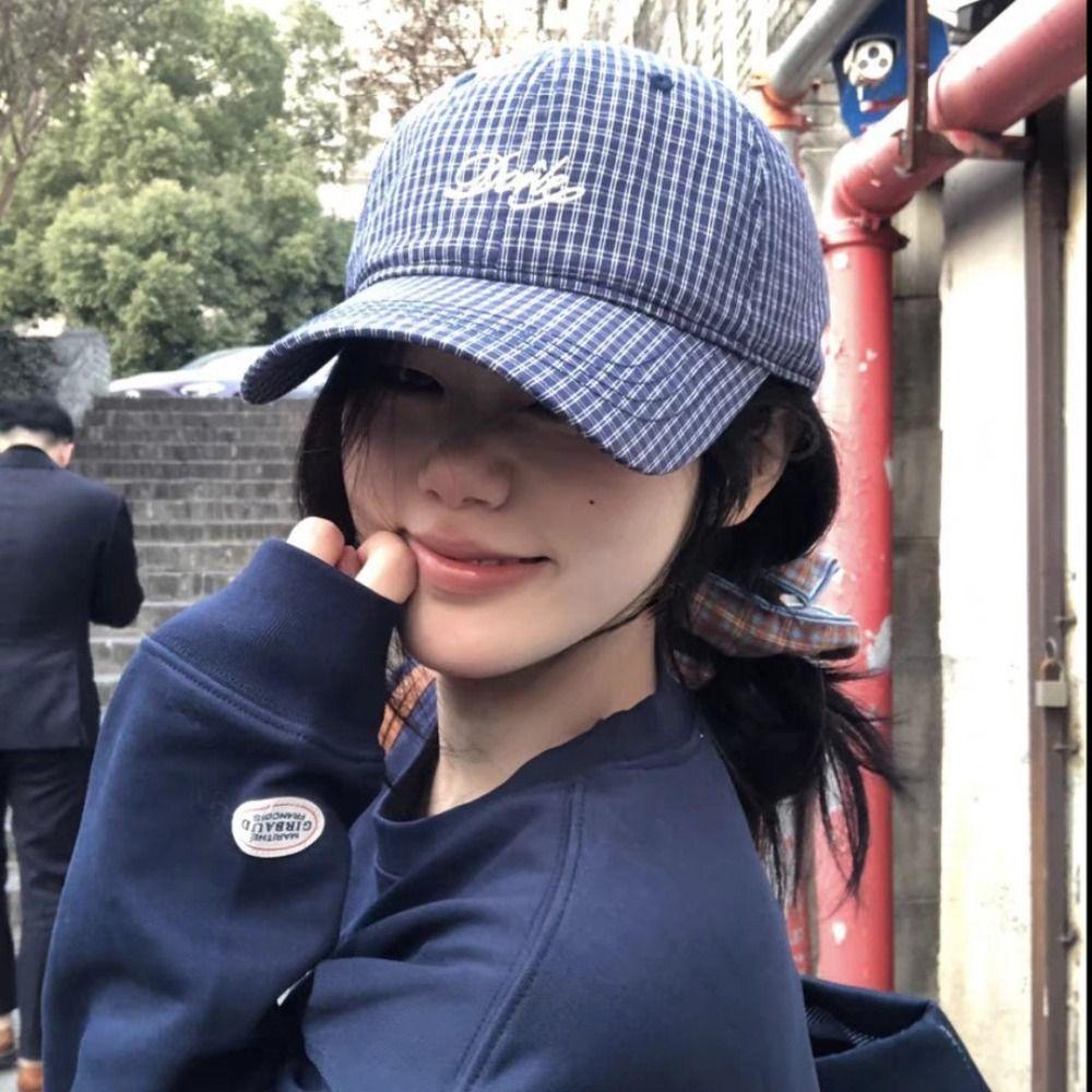Adjustable Embroidered Baseball Cap Sunshade Y2k Peaked Cap Vintage Plaid  Baseball Cap  Female