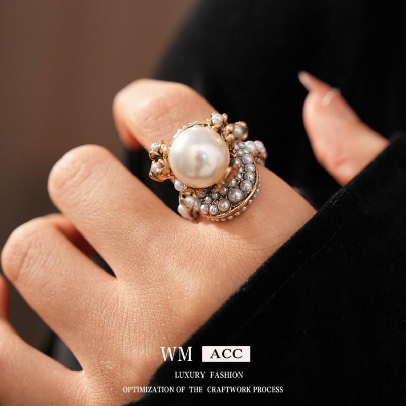 Vintage Perlenblumenring Damen Gold Weißton Retro Finger Boho Chic Statement Schmuck
