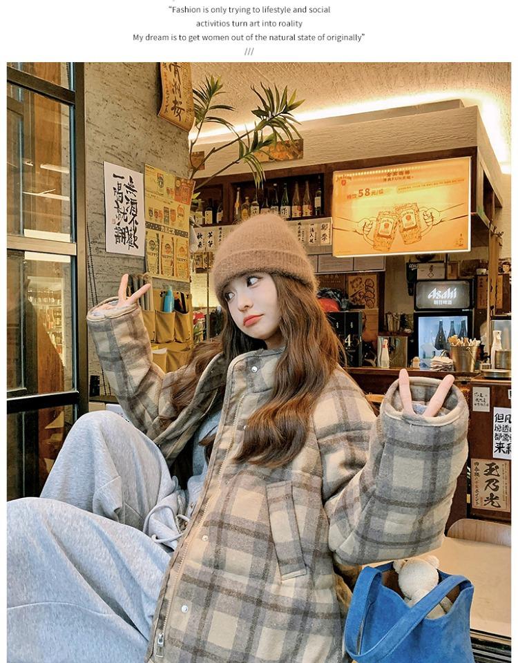 Kurze Kaffee Karierte Baumwollgepolsterte Jacke Damen Winter Locker Oberbekleidung
