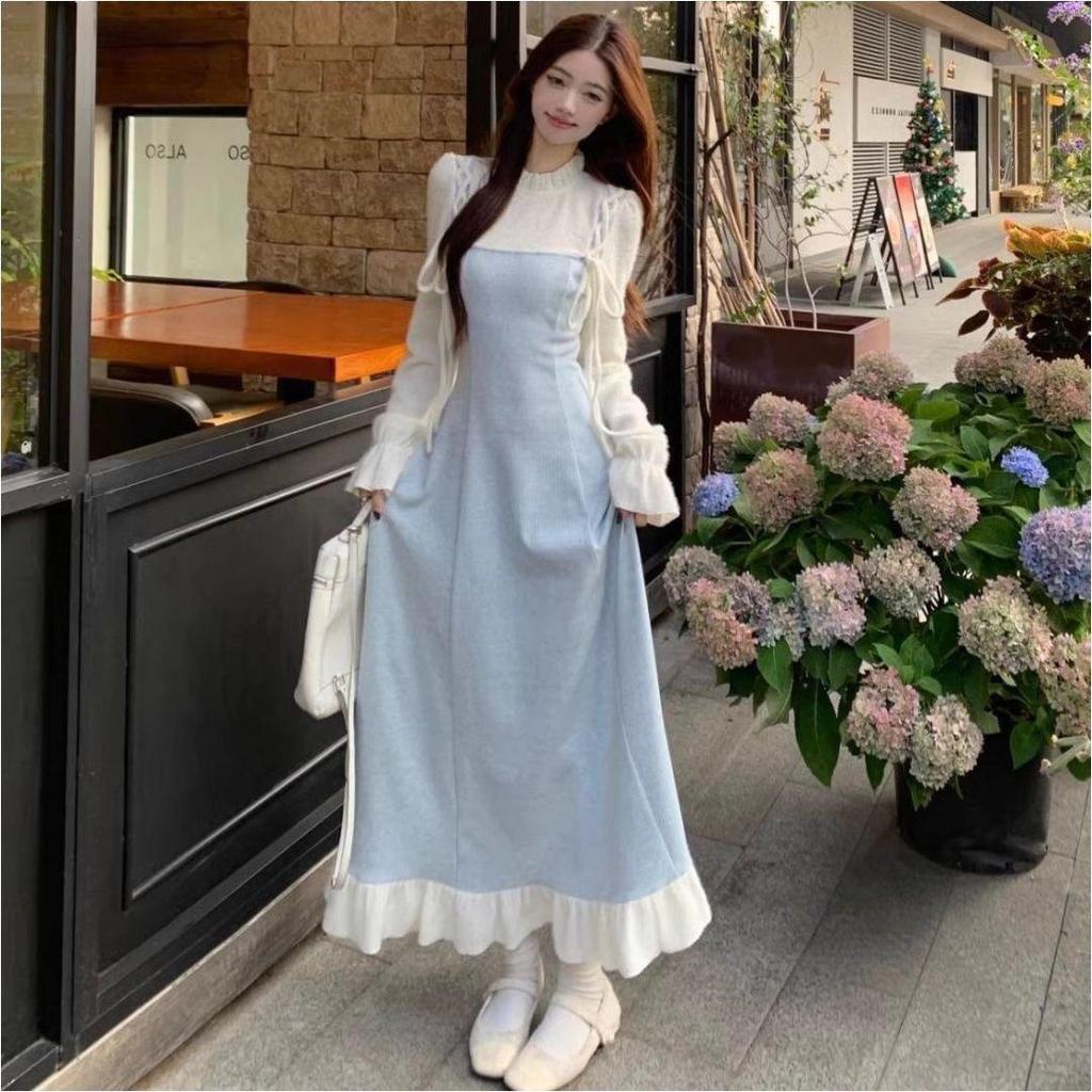 2026 Spring/Autumn Elegant French Style Faux Two-Piece Waist-Cinched Long Dress with Side Split