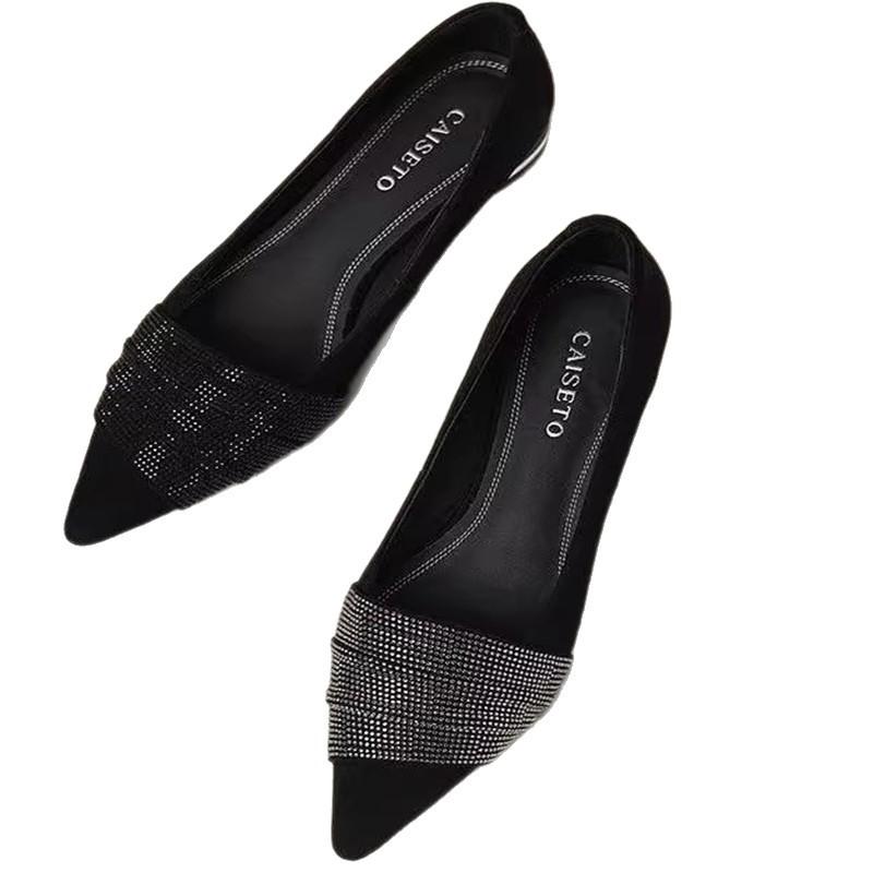 European Station Spring 2025 New Temperament Fairy Wind Water Diamond Shallow Mouth Pointed Flat Sole Single Shoes Female European and American Style