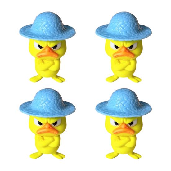 Angry Little Yellow Duck Figurine 4Pcs 3D Printed Figurines, Mini Grumpy with Straw Hat, Compact Ornament for Monitor Stand Cute Cross-Arms