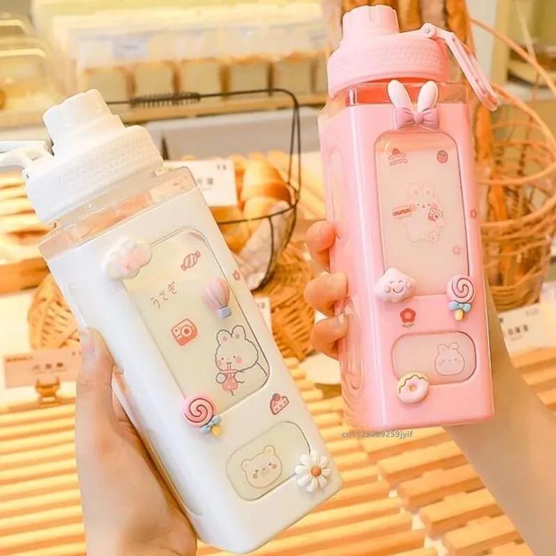 700ml Cute Water Bottle for Girls with Straw and Stickers Plastic Juice Cup Portable Kawaii Tumbler Children's Drinkware