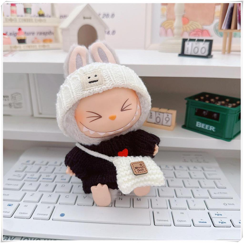 17cm Labubu Doll Clothes Set: Heart Sweater, Hat, Crossbody Bag - First & Second Generation.