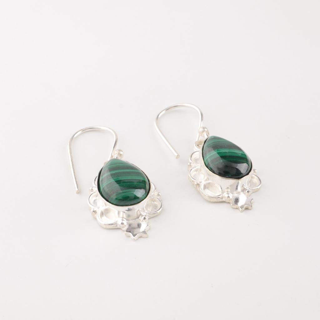 Malachite Gemstone 925 Fine Silver Jewelry Handmade Women Earrings 1.6" For Gift EE-163-28