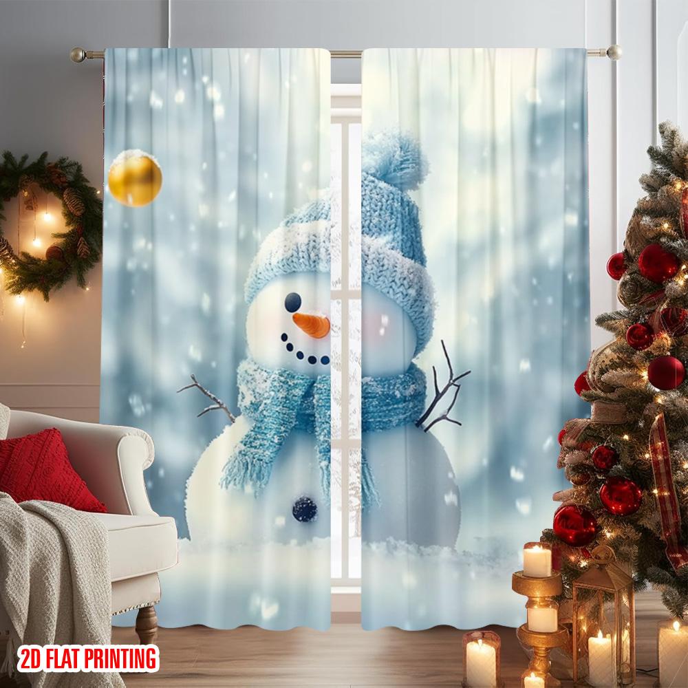 2pcs 2D Flat Printing Merry Christmas Popular Curtain Snowman Christmas 01 Machine Washable Fabric Without Electricity Birthday