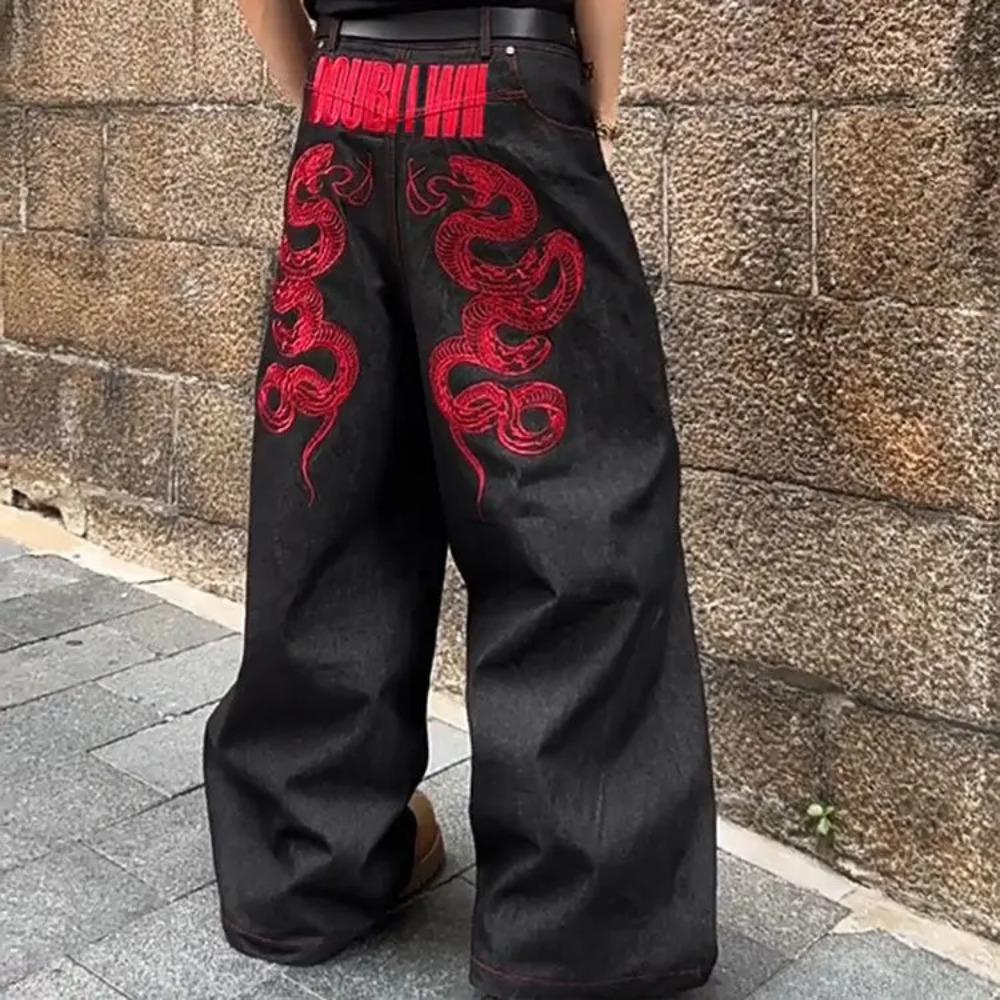 

ZYLLO Американский Красный Вышитые Джинсы Ретро Широкие Брюки в Пол Большого Размера Тяжелый Индустриальный Дизайн Сенсорная Уличная Одежда XXL