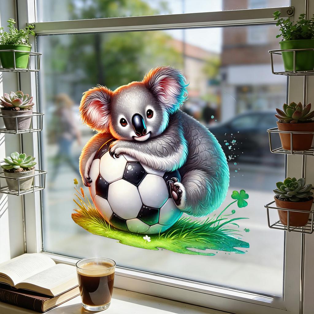 Creative Koala Hugging Football on Grass Static Cling Window Film Sticker for Bedroom Living Room Balcony Home Decor