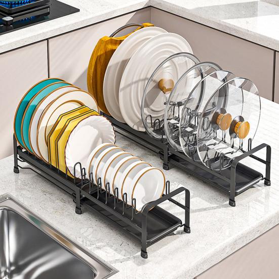 Pull Out Dish Storage Rack Carbon Steel Plate Drain Stand Holder Kitchen Drawer Organizer for Dishes Lids Cutting Boards