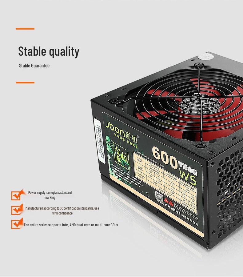 JAZPER 600W Silent Power Supply, Rated 500W, Dual 6-Pin, Back Wiring Support for Gaming PCs