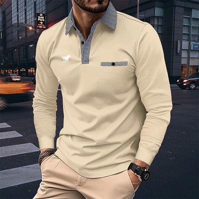 Horse Logo Pattern Print Men Polo Shirt Spring Autumn Men Long Sleeve Golf Polo Shirt Fake Pocket Stitching Tops Polo