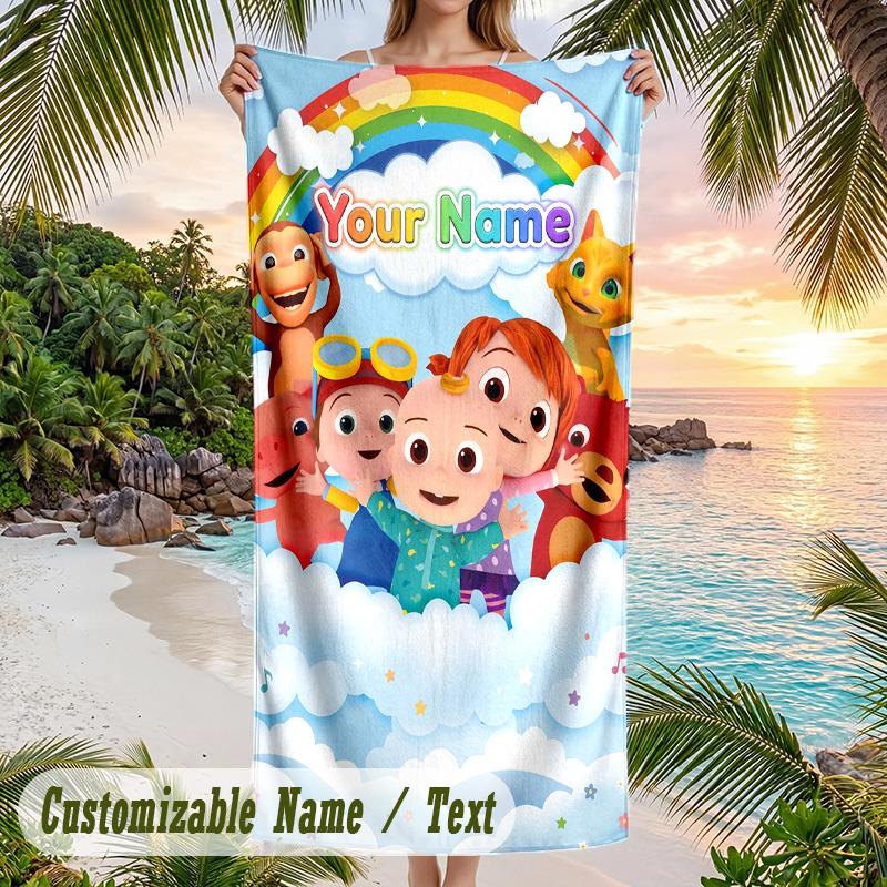 Cocomelon Beach Towel, Personalized Custom Text, Quick Dry Soft Large Towel For Swimming Pool Travel