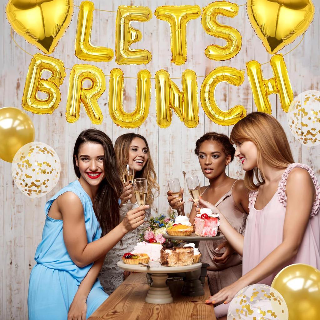 Lets Brunch Letter Banner Balloons - Gold Brunch Themed Decor Dessert Table Sign, Engagement Birthday Bachelorette Party Decorations