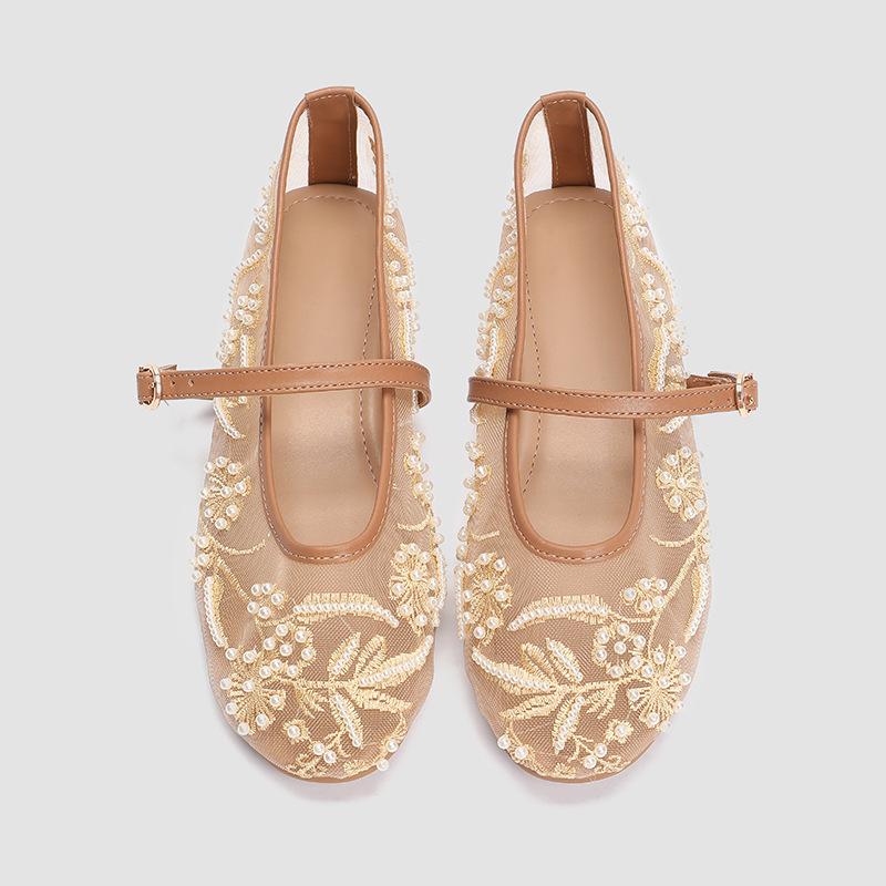 Embroidery Pearl Mesh Ballet Shoes Women's Fashion Hollow Mesh Round Head Flat Bottom One-word Buckle Strap Mary Jane Single Shoes
