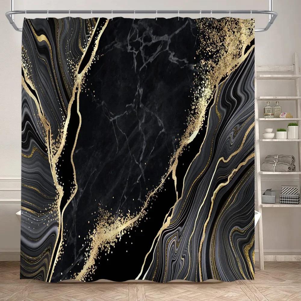 Abstract Marble Shower Curtain, White Gray Black Gold Blue Green Textured Stripe Simple Modern Ink Art, Bathroom Decorative
